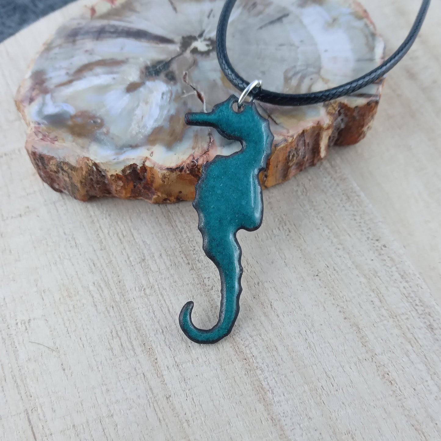 Pendant with enamel, seahorse pendant with chain